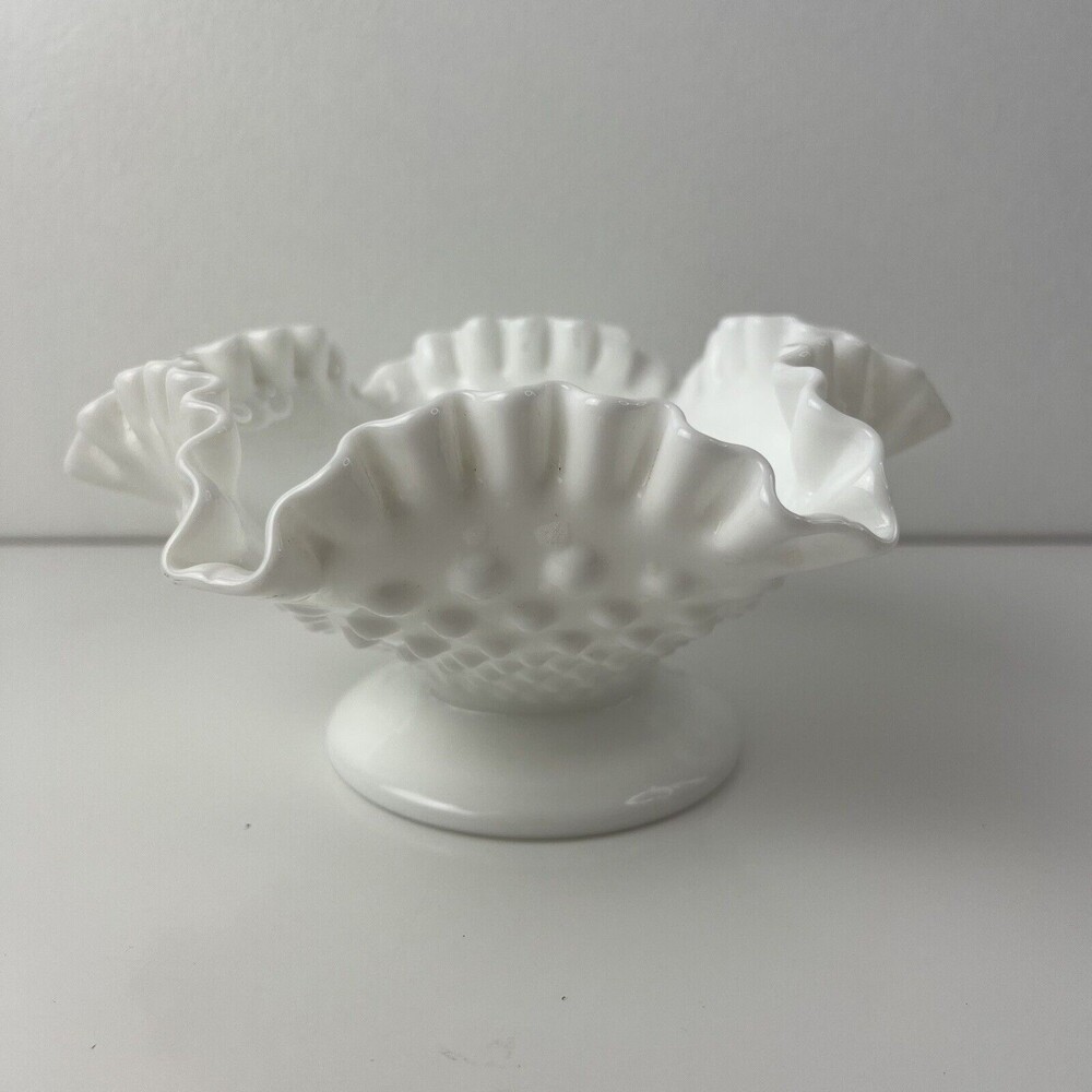 Vintage Milk Glass Art Glass Ruffled Hobnail Bowl Candle Holder Decorative
